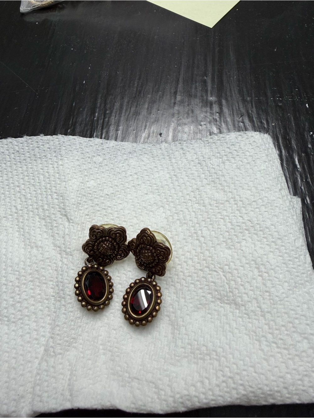 Stephen Dweck Bronze Drop Earrings with Deep Red Stones